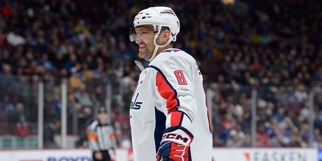 Washington Capitals left wing Alex Ovechkin celebrates after scoring a goal against the Canucks at Rogers Arena on Nov. 29, 2022, in Vancouver, Canada.