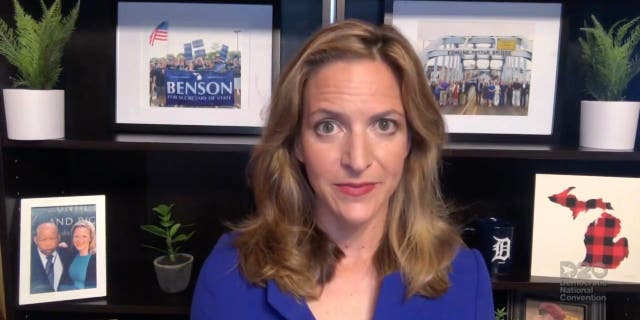 In this screenshot from the DNCC's live stream of the 2020 Democratic National Convention, Michigan Secretary of State Jocelyn Benson addresses the virtual convention on August 20, 2020.