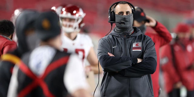 Head coach Nick Rolovich of the Washington State Cougars during the second half of a game against the USC Trojans at Los Angeles Coliseum Dec. 6, 2020, in Los Angeles. 