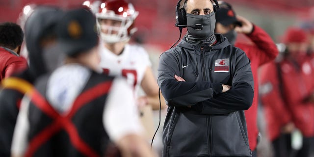 Head coach Nick Rolovich of the Washington State Cougars during the second half of a game against the USC Trojans at Los Angeles Coliseum Dec. 6, 2020, in Los Angeles. 