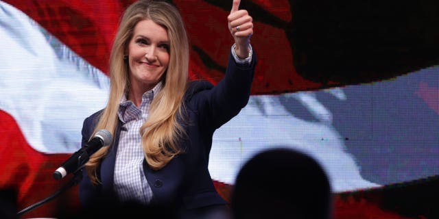 Then-Sen. Kelly Loeffler, R-Ga., gestures as she speaks during a runoff election night party, Jan. 6, 2021, in Atlanta.