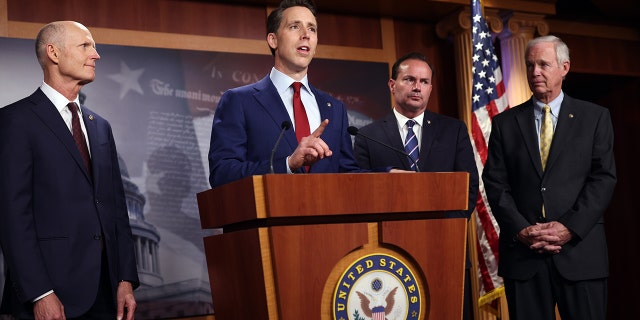 Sen. Josh Hawley, R-Miissouri, with Sen. Rick Scott, R-Florida, Sen. Mike Lee, R-Utah, and Sen. Ron Johnson, R-Wisconsin.