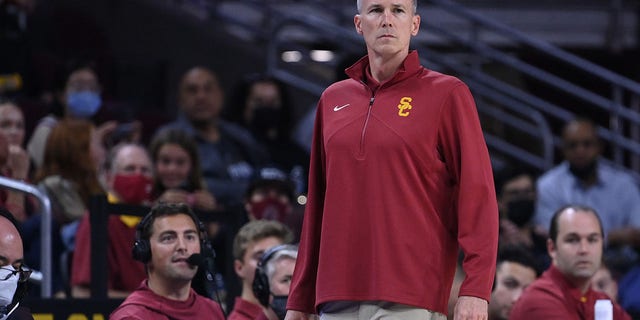 Head coach Andy Enfield of the USC Trojans looks on during the game against the Eastern Kentucky Colonels at Galen Center on Dec. 7, 2021 in Los Angeles.