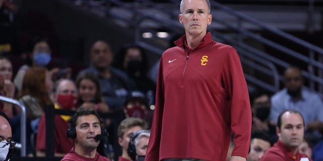 Head coach Andy Enfield of the USC Trojans looks on during the game against the Eastern Kentucky Colonels at Galen Center on Dec. 7, 2021 in Los Angeles.