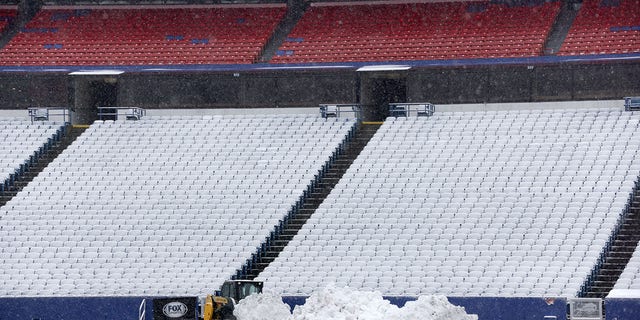 A general view of the snow covered seats at Highmark Stadium before a game between the Buffalo Bills and the Atlanta Falcons on Jan. 2, 2022 in Orchard Park, New York. 