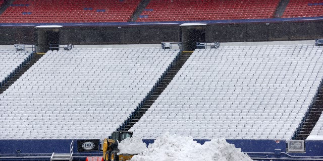 A general view of the snow covered seats at Highmark Stadium before a game between the Buffalo Bills and the Atlanta Falcons on Jan. 2, 2022 in Orchard Park, New York.