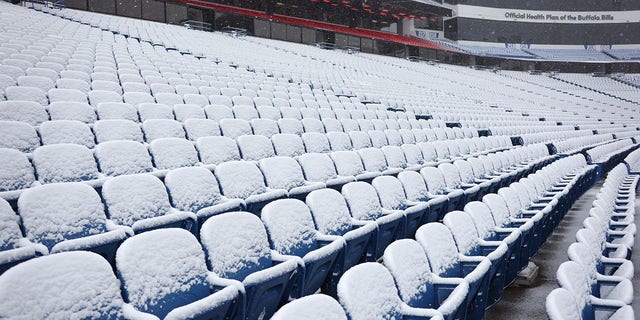 Snow-covered seats at Highmark Stadium before a game between the Buffalo Bills and the Atlanta Falcons on January 2, 2022, in Orchard Park, New York. 