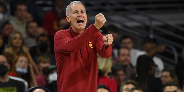 Head coach Andy Enfield of the USC Trojans calls a play in the second half of the game against the UCLA Bruins at Galen Center on Feb. 12, 2022 in Los Angeles.