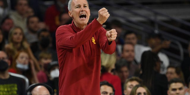Head coach Andy Enfield of the USC Trojans calls a play in the second half of the game against the UCLA Bruins at Galen Center on Feb. 12, 2022 in Los Angeles.
