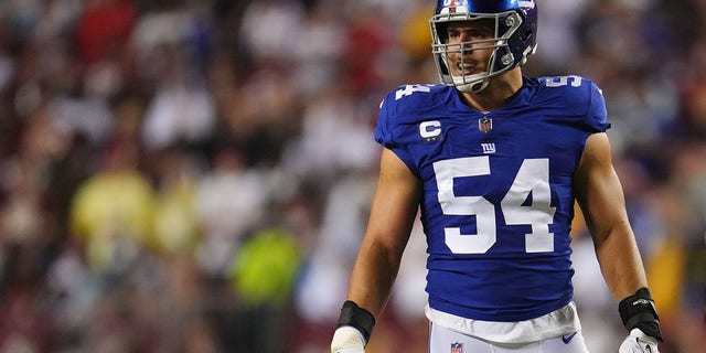 Blake Martinez of the New York Giants against the Washington Football Team during a game at FedEx Field Sept. 16, 2021, in Landover, Md. 