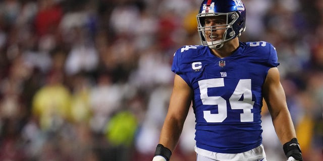 Blake Martinez of the New York Giants against the Washington Football Team during a game at FedEx Field Sept. 16, 2021, in Landover, Md.