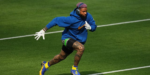 Odell Beckham Jr. of the Los Angeles Rams warms up prior to Super Bowl LVI against the Cincinnati Bengals at SoFi Stadium Feb. 13, 2022, in Inglewood, Calif. 