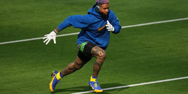 Odell Beckham Jr. of the Los Angeles Rams warms up prior to Super Bowl LVI, Feb. 13, 2022, in Inglewood, California.