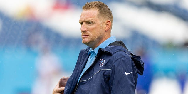 Tennessee Titans offensive coordinator Todd Downing on the field before a game against the New York Giants at Nissan Stadium on Sept. 11, 2022 in Nashville, Tennessee. The Giants defeated the Titans 21-20. 