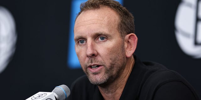 General Manager Sean Marks of the Brooklyn Nets speaks on the podium during a news conference at the Brooklyn Nets Media Day at the HSS Training Center on September 26, 2022 in the Brooklyn borough of New York City.
