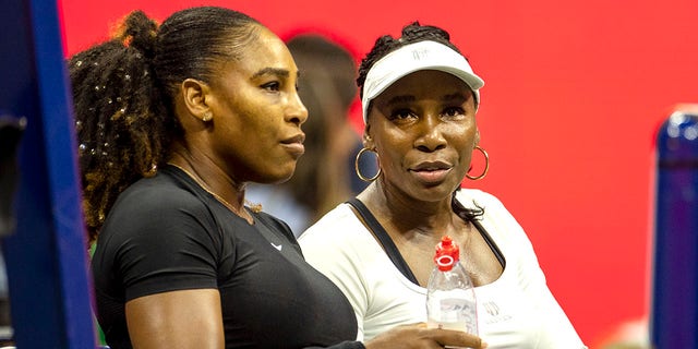 Serena Williams and Venus Williams, of the United States, during their Women's Doubles match on Arthur Ashe Stadium against Lucie Hradecka and Linda Noskova, of the Czech Republic, during the US Open Tennis Championship 2022 at the USTA National Tennis Centre on September 1st 2022 in Flushing, Queens, New York City.  