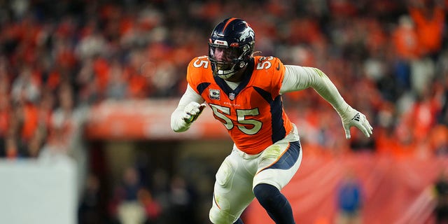 Bradley Chubb #55 of the Denver Broncos defends against the Indianapolis Colts at Empower Field at Mile High on October 6, 2022 in Denver, Texas. 