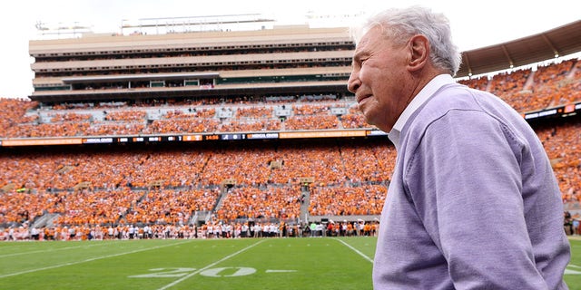 Lee Corso on the sideline at Neyland Stadium during a game between the Tennessee Volunteers and the Alabama Crimson Tide Oct. 15, 2022, in Knoxville, Tenn.