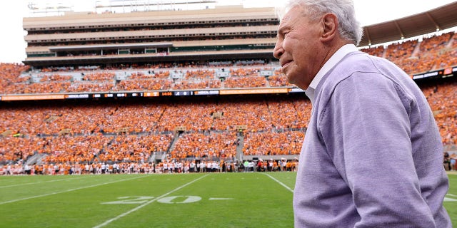 Lee Corso on the sideline at Neyland Stadium during a game between the Tennessee Volunteers and the Alabama Crimson Tide Oct. 15, 2022, in Knoxville, Tenn.