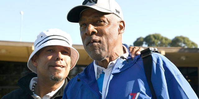 David Justice, left, and Julius Erving attend the 2nd Annual Phil Oates Celebrity Golf Classic at North Ridge Country Club on Oct. 17, 2022, in Fair Oaks, California.