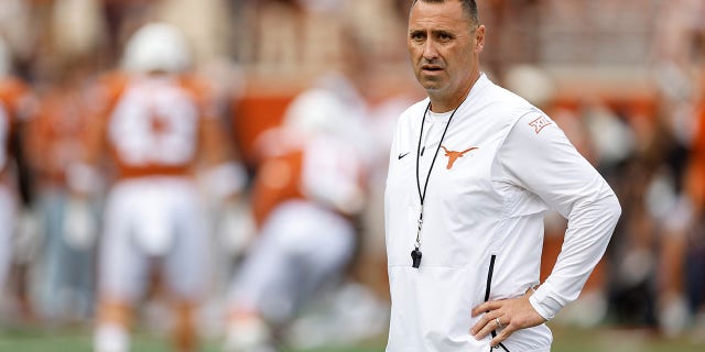 Head coach Steve Sarkisian of the Texas Longhorns watches players warm up before a game against the Iowa State Cyclones at Darrell K Royal-Texas Memorial Stadium Oct. 15, 2022, in Austin, Texas.