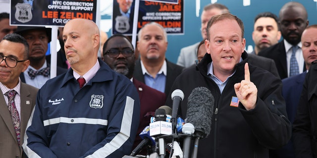 New York Republican gubernatorial candidate Rep. Lee Zeldin speaks at the entrance to the Rikers Island jail on October 24, 2022, where he received the endorsement of the Correction Officers' Benevolent Association (COBA). 
