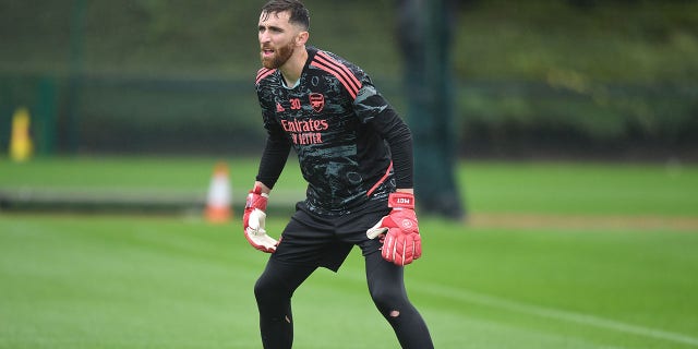 Matt Turner of Arsenal during a training session at London Colney on October 26, 2022 in St Albans, England.