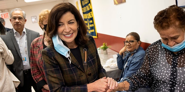New York Gov. Kathy Hochul campaigns for the upcoming New York gubernatorial election on October 26, 2022, at a senior center in Brooklyn.