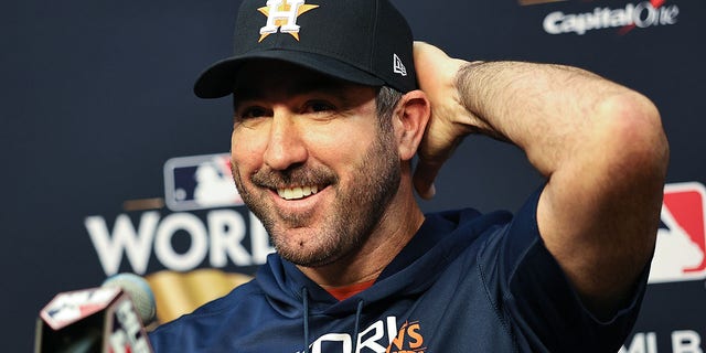 Justin Verlander of the Astros during a press conference ahead of Game 1 of the World Series on Oct. 27, 2022, in Houston.