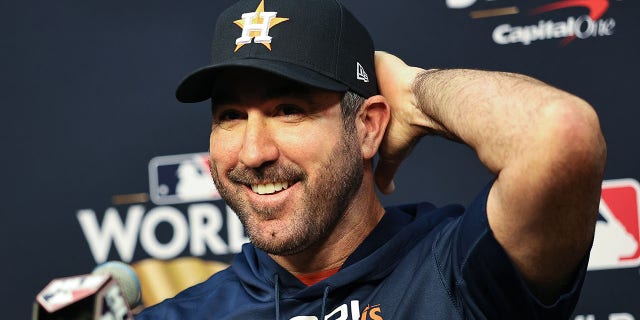 Justin Verlander of the Astros during a press conference ahead of Game 1 of the World Series on Oct. 27, 2022, in Houston.