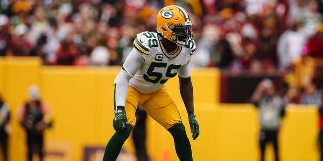De'Vondre Campbell of the Green Bay Packers lines up against the Washington Commanders at FedExField, Oct. 23, 2022, in Landover, Maryland.
