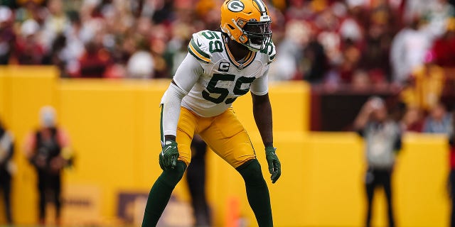 De'Vondre Campbell of the Green Bay Packers lines up against the Washington Commanders at FedExField, Oct. 23, 2022, in Landover, Maryland.