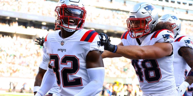 Devin McCourty #32 of the New England Patriots celebrates an interception during the second half against the New York Jets at MetLife Stadium on October 30, 2022 in East Rutherford, New Jersey. 