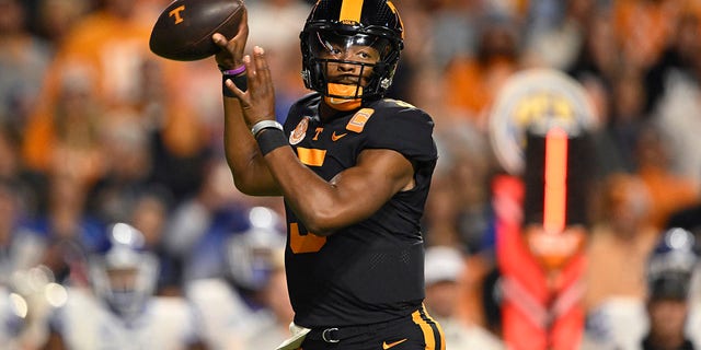 Hendon Hooker of the Tennessee Volunteers throws a pass against the Kentucky Wildcats in the first quarter at Neyland Stadium Oct. 29, 2022, in Knoxville, Tenn. 