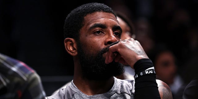 Kyrie Irving of the Brooklyn Nets looks on from the bench during the Chicago Bulls game at Barclays Center on Nov. 1, 2022, in New York City.