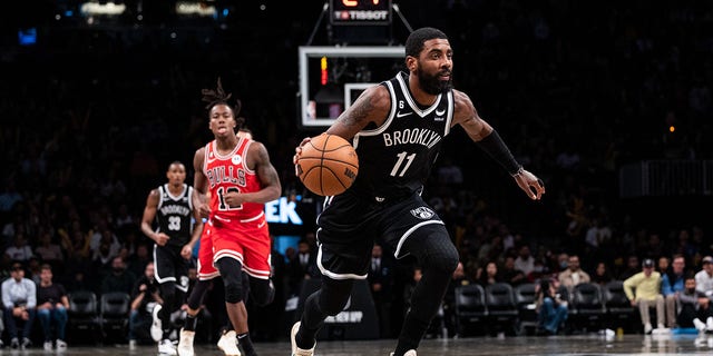Kyrie Irving, #11 of the Brooklyn Nets, brings the ball up the court during the third quarter of the game against the Chicago Bulls at Barclays Center on Nov. 1, 2022 in New York City. 