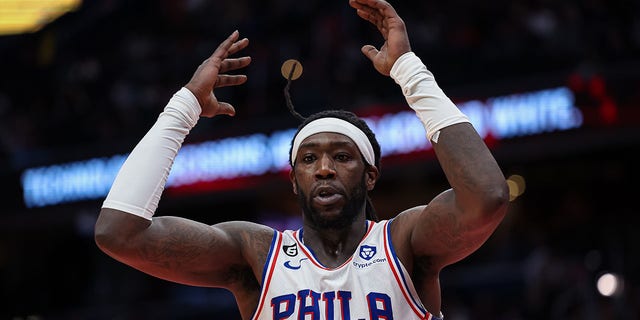 Montrezl Harrell, #5 of the Philadelphia 76ers, reacts to a play against the Washington Wizards during the second half at Capital One Arena on October 31, 2022, in Washington, DC. 