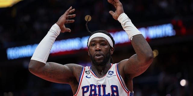 Montrezl Harrell, #5 of the Philadelphia 76ers, reacts to a play against the Washington Wizards during the second half at Capital One Arena on October 31, 2022, in Washington, DC.