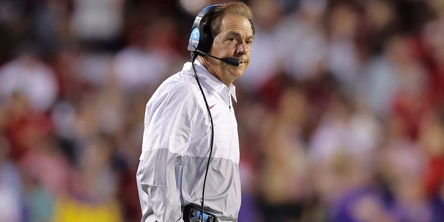 Head coach Nick Saban of the Alabama Crimson Tide reacts during the first half against the LSU Tigers at Tiger Stadium on November 5, 2022, in Baton Rouge, Louisiana. 