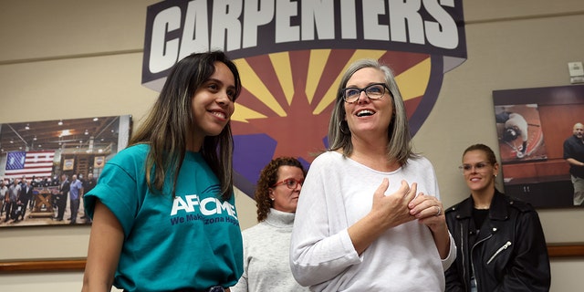 Arizona Democratic gubernatorial candidate Katie Hobbs holds a campaign event at the Carpenters Local Union 1912 headquarters on November 05, 2022, in Phoenix, Arizona. 