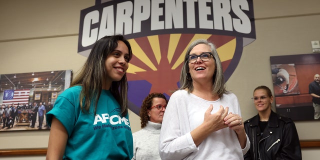 Arizona Democratic gubernatorial candidate Katie Hobbs holds a campaign event at the Carpenters Local Union 1912 headquarters on November 05, 2022, in Phoenix, Arizona. 