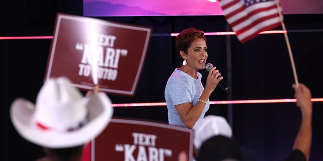 Arizona Republican gubernatorial candidate Kari Lake speaks during a get out the vote campaign rally on November 05, 2022, in Scottsdale, Arizona. 