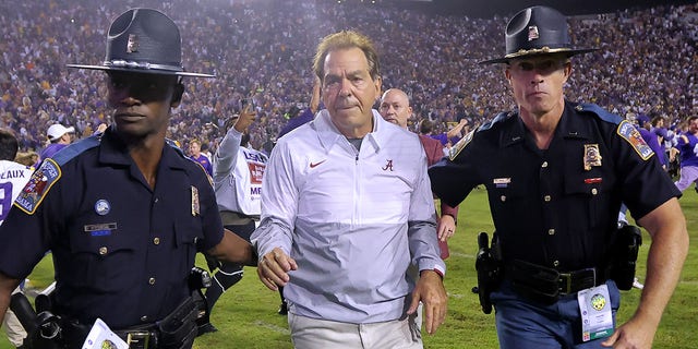 Alabama Crimson Tide head coach Nick Saban leaves the field after a game against the LSU Tigers at Tiger Stadium on November 5, 2022 in Baton Rouge, Louisiana.