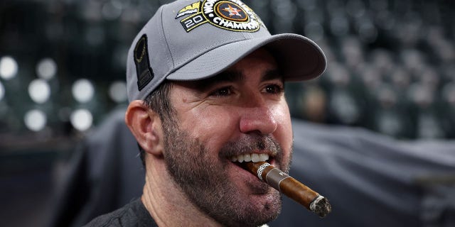 Justin Verlander, #35 of the Houston Astros, after defeating the Philadelphia Phillies 4-1 to win the 2022 World Series in Game Six of the 2022 World Series at Minute Maid Park on November 5, 2022, in Houston, Texas.