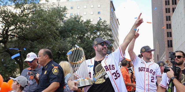 Justin Verlander of the Houston Astros participates in the World Series Parade on November 7, 2022. 