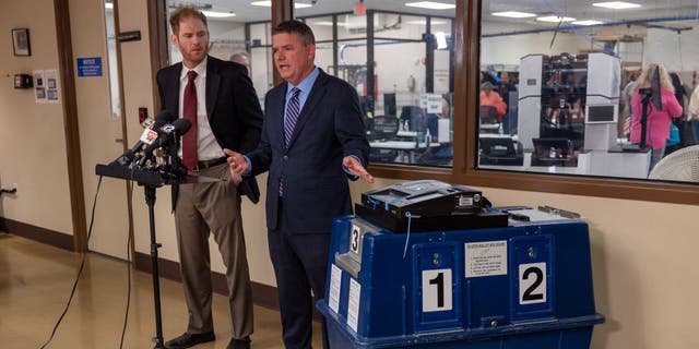 Bill Gates, chairman of the Maricopa Board of Supervisors, speaks about malfunctioning voting machines at the Maricopa County Election and Tabulation Center on Nov. 8, 2022, in Phoenix.