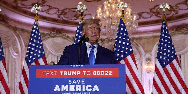  Former U.S. President Donald Trump speaks during an election night event at Mar-a-Lago on November 08, 2022 in Palm Beach, Florida. Trump addressed his supporters as the nation awaits the results of the midterm elections.  