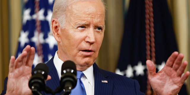 President Biden after he delivered remarks in the State Dining Room, at the White House on November 09, 2022, in Washington, DC 