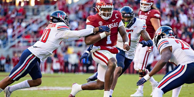 KJ Jefferson (1) of the Arkansas Razorbacks runs the ball during a game against the Liberty Flames at Donald W. Reynolds Razorback Stadium Nov. 5, 2022, in Fayetteville, Ark. 