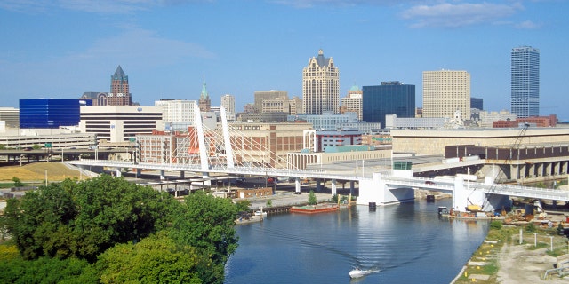 Milwaukee skyline with Menomonee River in the foreground. 